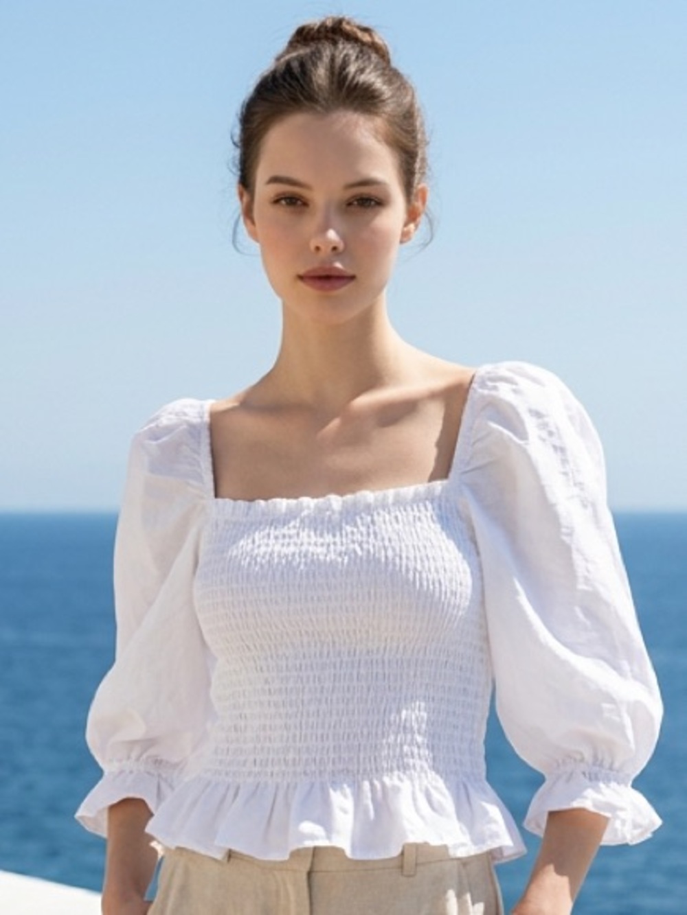 ZARA White Peasant Square Neck Puff Long Sleeve Smocked Cotton Blouse XS